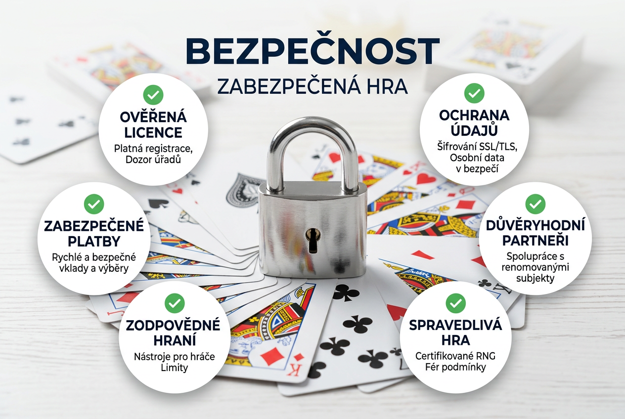 Infografika zobrazující zámek a symboly bezpečné certifikace na pozadí herních karet