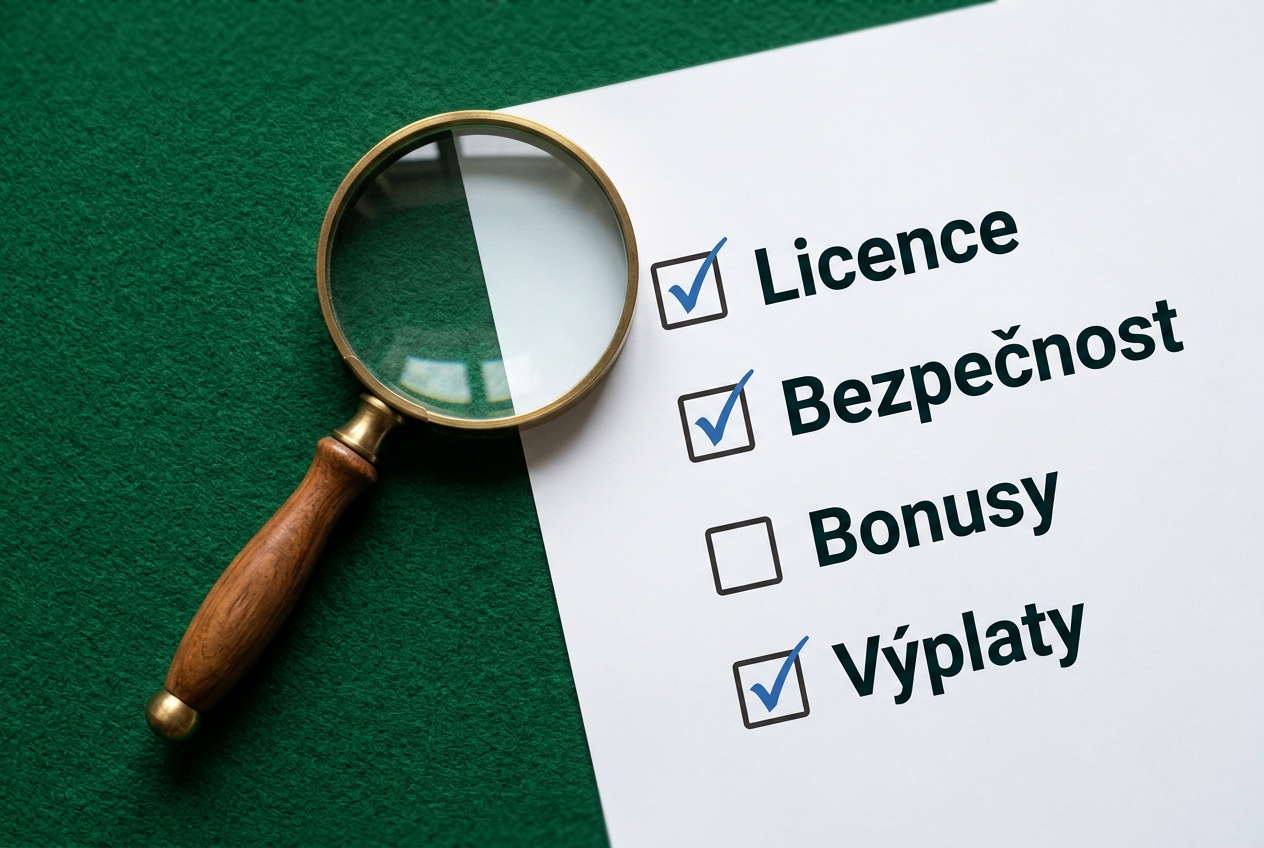 Infografika procesu testování kasina s ikonami lupy a checklistu na pozadí kasinové plsti
